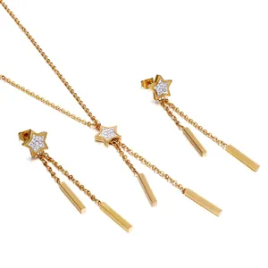 Star Pendant Necklace And Dangle Earrings For Women Stainless Steel Rhinestone Long Tassel Y-Shape Elegant Jewelry