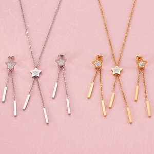 Collier Et Boucles D'oreilles Étoile Pentagramme À Glands Longs En Strass Pour Femmes Bijoux Élégants En Acier Inoxydable
