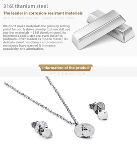 Detail of 316L titanium steel jewelry set with Roman numerals and love heart pendant