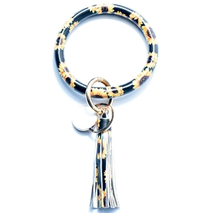 Tie-dye sunflower pattern PU leather tassel bracelet keyring with golden circular charm