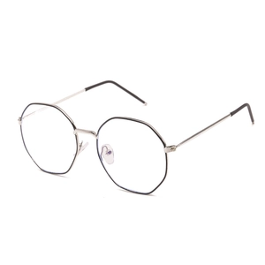 Octagonal silver metal frame glasses with black accents shown from a 45-degree side angle