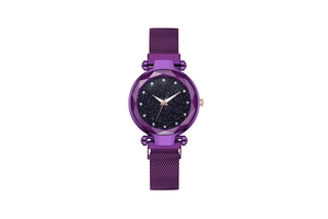 Detail of starry blue dial with rhinestone markers and purple magnetic milanese mesh band