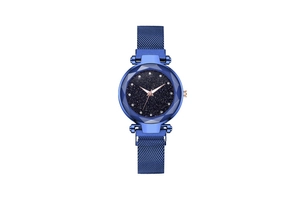 Detailed close-up of blue starry sky dial with rhinestone markers and mesh strap