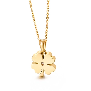 Elegant gold titanium steel clover pendant necklace with small sparkling crystal center