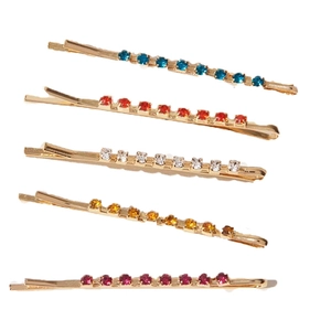Five-piece set of gold-plated metal hair pins with colorful inlaid rhinestones