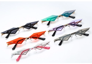Multiple trendy lightning-shaped rimless sunglasses in various vibrant colors and metallic frames