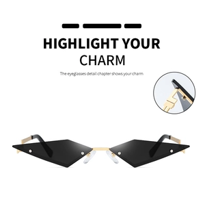 Detail of rimless geometric sunglasses showing hinge and rivet metal structure