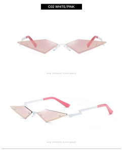 Detail view of pink rimless geometric sunglasses with white lightning shape temples