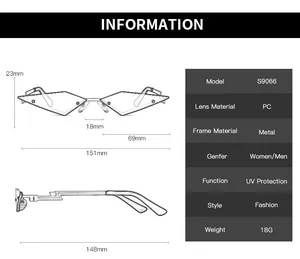 Detailed size chart for rimless geometric sunglasses with metal temples and PC lenses