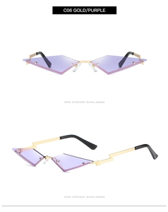 Detail of rimless geometric diamond-shaped purple lenses with gold lightning metal temples