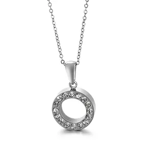 Minimalist silver-toned stainless steel circular pendant necklace with sparkling pavé zircons