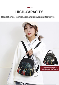 Macro view of waterproof Oxford bag detail showing headphone port and ethnic embroidery