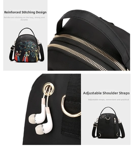 Detail of waterproof oxford backpack with ethnic patterns, dual zippers, and headphone port