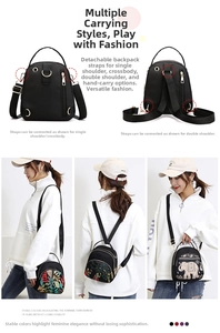 Macro detail of waterproof black oxford bag showing embroidery and multiple carrying styles