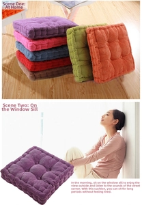 Close-up of thick square corduroy tatami cushions in various vibrant colors