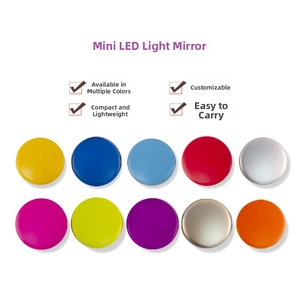 Detailed display of a portable round LED makeup mirror in 10 different vibrant colors