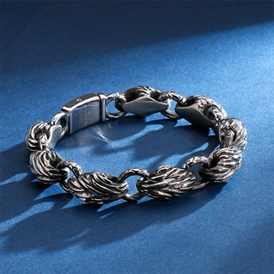 Retro vintage stainless steel feather leaf link chain bracelet for men with 316L clasp
