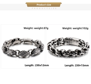 Size chart for retro stainless steel leaf bracelets with weight and length measurements