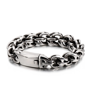 Rugged silver stainless steel chain bracelet with a heavy-duty mechanical clasp for men