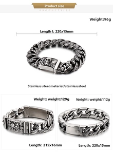 Details von Vintage Punk Totenkopf Edelstahl Armbändern mit Maßangaben und Prägungen