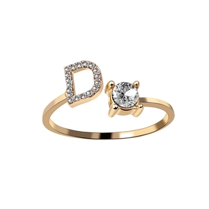 Adjustable gold open ring featuring letter D with sparkling micro-pave diamonds
