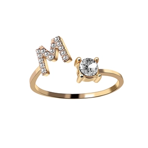 Adjustable golden open ring with letter M design and sparkling zircon stone