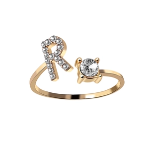 Minimalist adjustable gold ring featuring letter R with pavé crystals and a round stone
