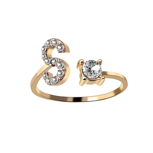 Adjustable golden open ring with crystal-encrusted letter S and round solitaire stone