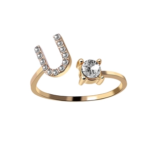 Adjustable gold open ring featuring a sparkling pavé Letter U and a single round zircon