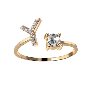 Adjustable 18K gold plated ring featuring a crystal letter Y and a round diamond zircon