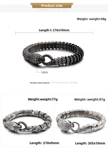 Detailed comparison of three punk snake bracelets in stainless steel and crystal