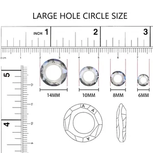 Size comparison chart for glass angel ring nail charms showing 6mm to 14mm diameters