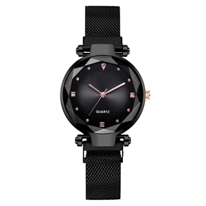 Elegant women's quartz watch with black Milanese strap and diamond-cut glass dial
