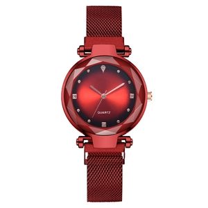 Elegant wine red women's quartz watch with diamond-cut glass and Milanese magnetic band