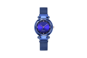 Detail of blue quartz watch with Milanese magnetic strap and geometric cut glass dial