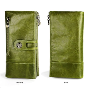 Front and back view of green leather RFID wallet with rose snap and heart zipper