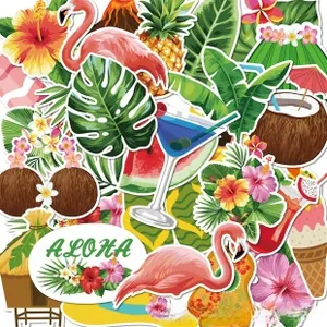 Detailed view of waterproof tropical PVC stickers featuring flamingos and aloha motifs