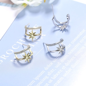 Elegant gold and silver double-layer star earrings with zircon inlay on blue background