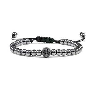 Handmade woven bracelet with 8mm dark grey metallic beads and micro-pave cz ball