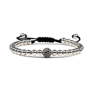 Woven bracelet with silver metal beads and black pavé zircon sphere on adjustable cord