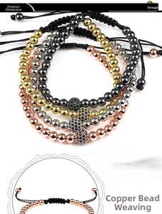 Adjustable hand-woven copper bead bracelet with a micro-pave zircon center sphere charm
