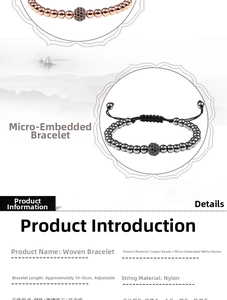 Detail of adjustable braided nylon bracelet with micro-pave zircon and copper beads