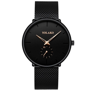 Minimalist men's black mesh band watch with gold hands and markers by YOLAKO
