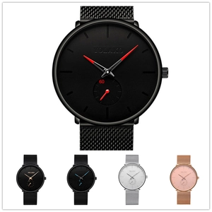 Detail view of stylish men's minimalist mesh watch in various luxury color variations