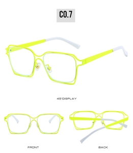 Trois vues de lunettes anti-lumière bleue carrées en jaune fluo et blanc