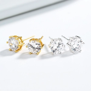 925 Sterling Silver Stud Earrings For Women Six-Prong Round Rhinestone Green Glass Inlaid Elegant Minimalist Jewelry Gift