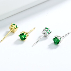 Classic six-prong round green zircon stud earrings in gold and silver finish settings