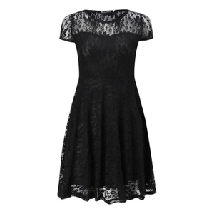 Elegant black lace short sleeve dress featuring intricate floral patterns and round neck