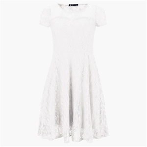 Short sleeve white lace dress with a round neck and slim fit design on white background