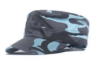 Detail view of blue camo cadet hat featuring durable fabric and reinforced stitching